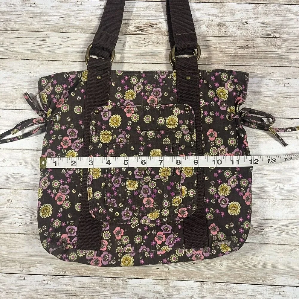Everyday Shoulder Bag Brown Floral Button Closure, Boho, Cottagecore, Pockets